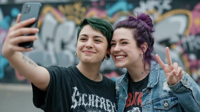 Two happy and smiling young women with alternative style colorful dyed hair and tattoos take a fun selfie together against a graffiti wall one making a peace sign

