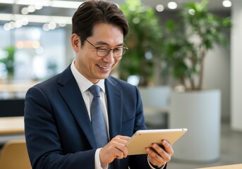 Smiling asian businessman in a suit and tie wearing glasses interacts with a tablet device in a modern office setting with lush greenery
