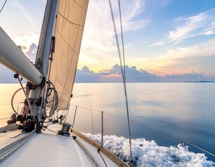 Sailboat Gliding Through Deep Blue Ocean Water at Sunset with Golden Light and Cloudy Sky