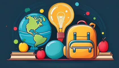 colorful educational icons representing learning tools globe and backpack with a light bulb ideal for school and study themes