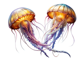 Two jellyfish with long tentacles are floating in the water isolated on white background ,PNG. AI Generated