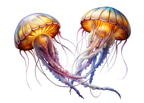 Two jellyfish with long tentacles are floating in the water  isolated on white background ,PNG. AI Generated
