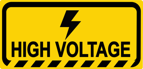 High voltage warning sign with lightning symbol on a bright yellow background indicating electrical hazard safety