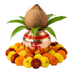Copper Kalash with Coconut Mango Leaves and Marigold Flowers isolated on a transparent background image.