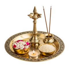 Brass Puja Thali with Diya Incense Rice and Flowers isolated on a transparent background indian hindu.