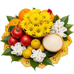 Beautifully Decorated Pooja Thali for festival celebration to worship, rice grain and kumkum, Oranges tomatoes yellow flowers white offerings on tray isolated on a transparent background.