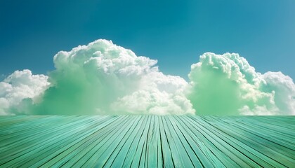 wooden platform on pastel green clouds and light blue background