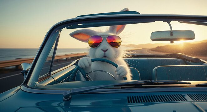 A whimsical rabbit drives a convertible down a scenic coastal highway at sunset wearing cool sunglasses - Powered by Adobe