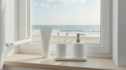 Minimalistic bathroom accessories, including toothbrushes, a tube, and a dispenser, placed on a wooden sill with seaside background.
