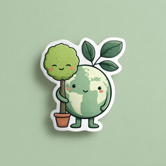 Cute cartoon character of Earth with a smiling tree mascot promoting environmental friendliness in a simple design