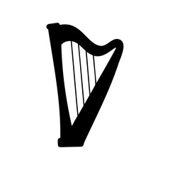 Elegant black and white illustration of a single harp stringed instrument
