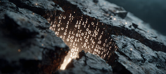 Metal shield with a central crack leaking glowing binary code, symbolizing a cybersecurity breach or digital data leak in a dark, tech-themed setting.