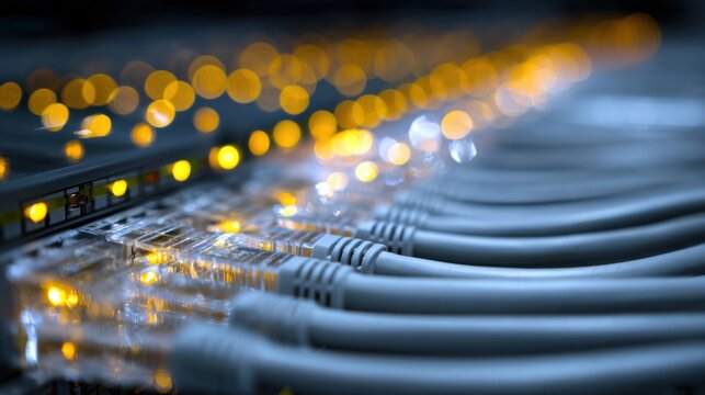 High-Resolution Close-up of Network Cables and LED Lights - Powered by Adobe