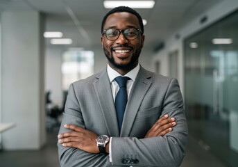 Confident african american businessman wearing a sharp grey suit and tie smiles with arms crossed in a modern office hallway