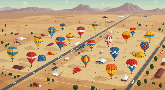 An impressive flat design vector illustration offering an aerial, bird's-eye view of the expansive Albuquerque International Balloon Fiesta park, showcasing numerous hot air balloons