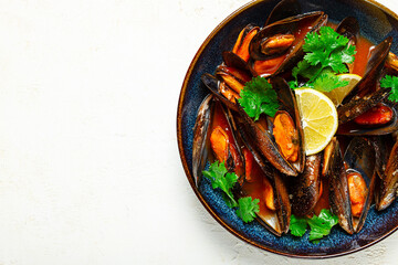 mussels in tomato sauce, homemade, no people,