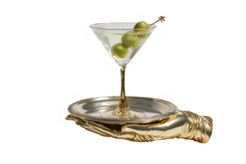 Elegant martini glass with olives on a silver tray held by a golden hand sculpture transparent background