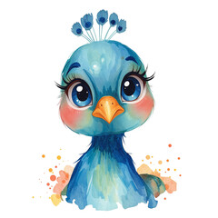 Fototapeta premium Watercolor depiction of a charming blue peacock chick with an adorable expression, isolated