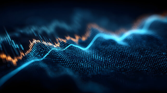 Abstract digital stock market chart with glowing blue lines and bokeh effects representing financial growth and analysis.