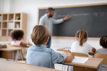 Children learning from teacher writing on classroom blackboard