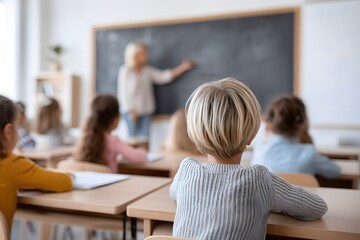 Fototapeta premium Children learning in classroom, teacher explaining lesson