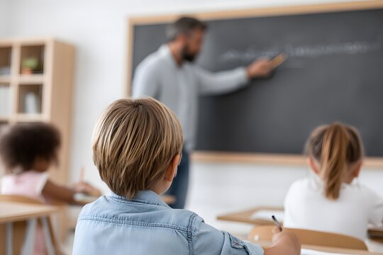 Diverse students learning in classroom with teacher on blackboard