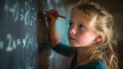 Young genius girl solving complex math problems on chalkboard
