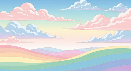 Fototapeta premium Pastel Rainbow Landscape with Soft Clouds and Rolling Hills, Evoking a Sense of Calm, Serenity, and Dreamy Escapism in a Colorful and Harmonious Composition