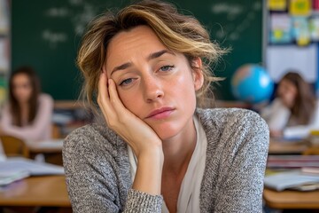 Stressed teacher experiencing burnout in classroom