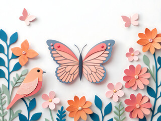 Fototapeta premium A paper crafted butterfly and bird surrounded by flowers and leaves on a white background