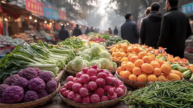 A Bustling Market with a Dazzling Array of Fresh Fruits and Vegetables