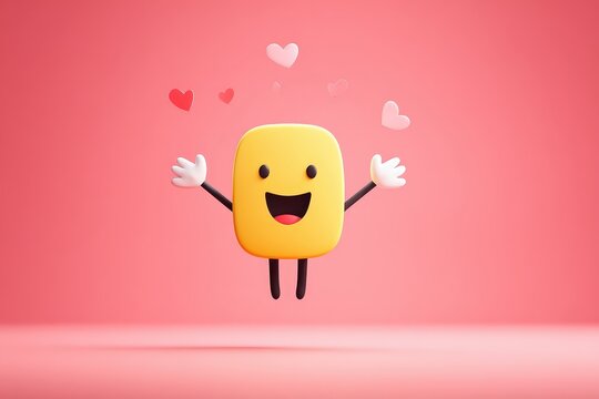 Cute Yellow Cartoon Character with Happy Expression and Floating Hearts on Pink Background