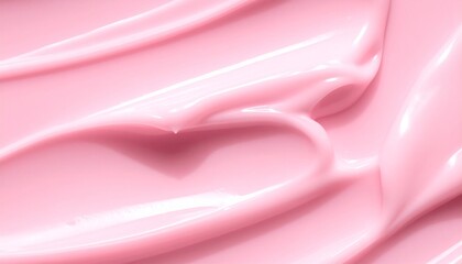 A close-up abstract shot of smooth, creamy pink lotion or cosmetic product swirled and textured.