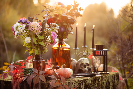 Fall themed holiday table setting arrangement for a seasonal party, glasses, pumpkins, candles, field flowers. Halloween table in the garden with scull, pumpkins and autumn flowers