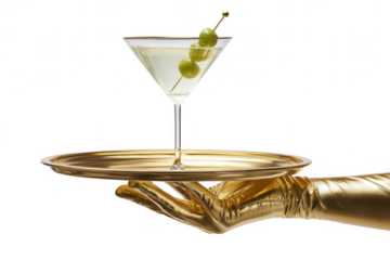 Elegant martini cocktail with olives served on a golden tray by a gloved hand transparent background