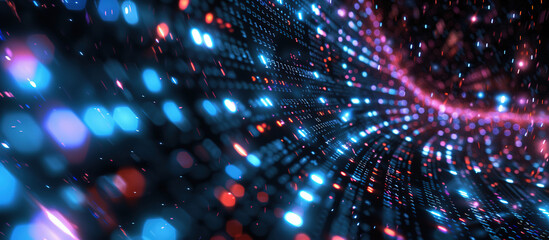 Fototapeta premium Cosmic Data Stream: An abstract visual journey, where luminous dots of light cascade in a mesmerizing tunnel of data. Colors dance, lines converge.