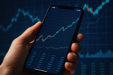 Hand holding a phone showing rising stock price graph in a dark trading environment