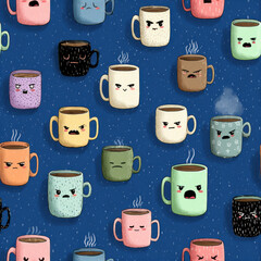 Cartoon Pattern of Mugs with Angry and Grumpy Faces