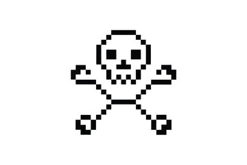 Pixel Art Skull and Crossbones on White Background, Retro 8 Bit Style Icon