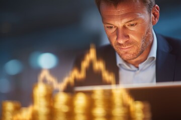 Man in suit focused on financial graph with gold coins in dim office