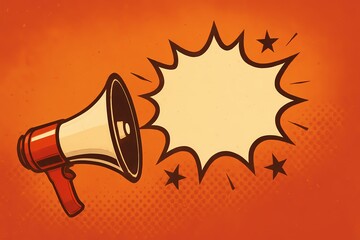 Retro comic style poster with red and cream megaphone and vintage speech bubble on warm sunset orange crimson background, ideal for flyers, nostalgic advertising, event promotion