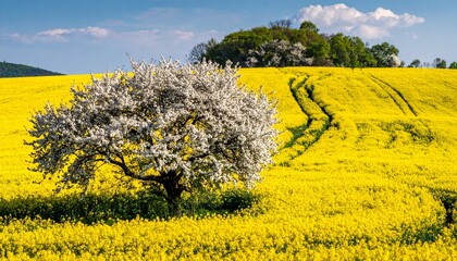 Rapeseed yellow field and cherry blossom. Spring flowering tree against a background of a hill with yellow rapeseed. South Moravia. Czech Republic.
