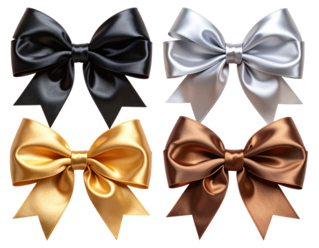 Four Silk Ribbon Bows in Metallic Tones with Loose Arrangement, Isolated PNG