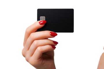 Elegant hand holding black credit card with red nail polish against transparent background