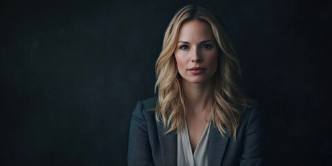 Fototapeta premium Confident Businesswoman in Professional Attire Against Dark Background