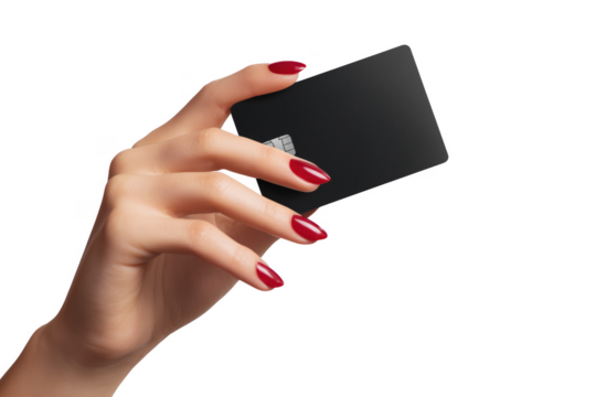 Elegant hand holding a black credit card against a transparent background for financial concepts