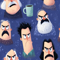 Angry Men with Moustaches Cartoon Seamless Pattern