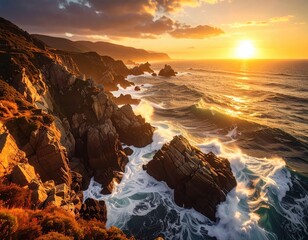 Obraz premium Scenic Coastal Sunset with Rocky Cliffs and Ocean Waves in Golden Light