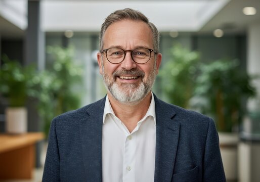Professional portrait of a smiling bearded man wearing glasses and a blazer in a brightly lit contemporary office environment