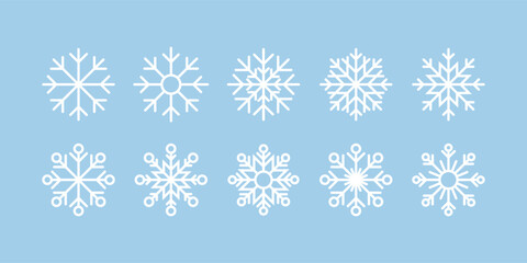 Snowflakes, set of icons, winter symbol, snow sign, Christmas, isolated on a blue background, vector illustration. Decorative Different Frozen Holiday Element for Decoration, Design, Postcard, Banner
